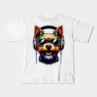 Norwich Terrier as Smiling DJ with Headphones and Sunglasses Kids T-Shirt